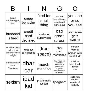 dhar dhar bing bling Bingo Card