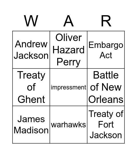 War of 1812 Bingo Card