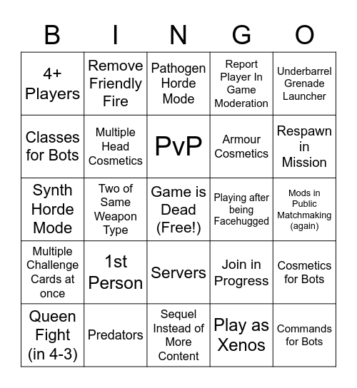 Aliens: Fireteam Elite Bingo Card