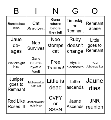 Rwby Finale Bingo Card