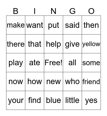 Star Words Bingo Card