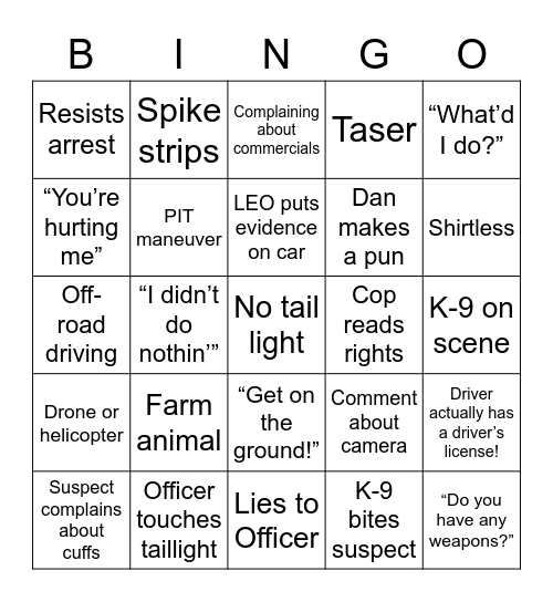 On Patrol Live Bingo Card