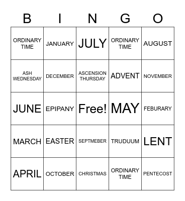 Catholic Liturgical Calendar Bingo Card