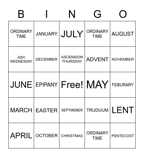 Catholic Liturgical Calendar Bingo Card