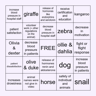 Pet Therapy Bingo Card