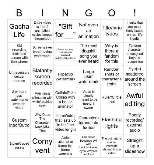 Animation Meme Bingo Card