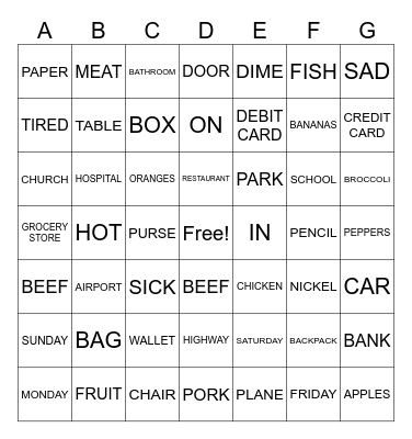English Practice I-Voacbulary Bingo Card