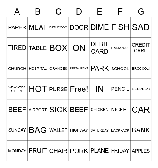 English Practice I-Voacbulary Bingo Card