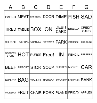 English Practice I-Voacbulary Bingo Card