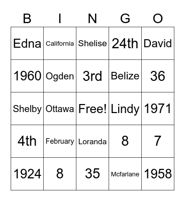 Aunt Sadie's 99th Birthday Bingo Card