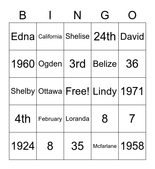 Aunt Sadie's 99th Birthday Bingo Card