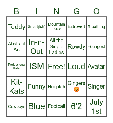 Hunter's Bingo Game Bingo Card