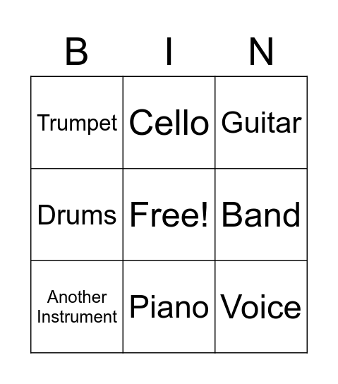 Musical Instrument Bingo! Bingo Card