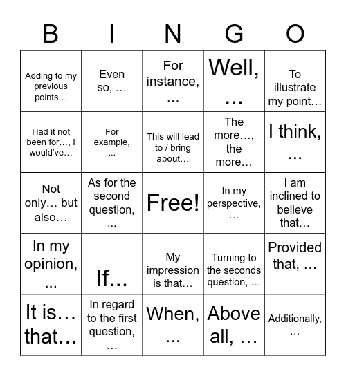 Starting out sentences Bingo Card