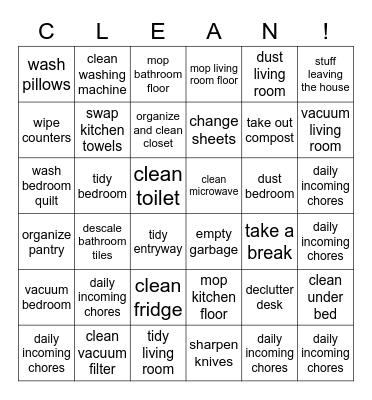 Cleaning the house Bingo Card