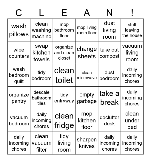 Cleaning the house Bingo Card