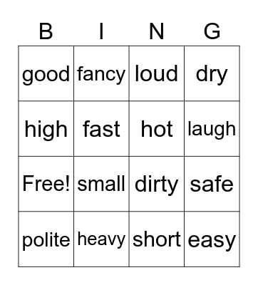 Antonyms Bingo Card