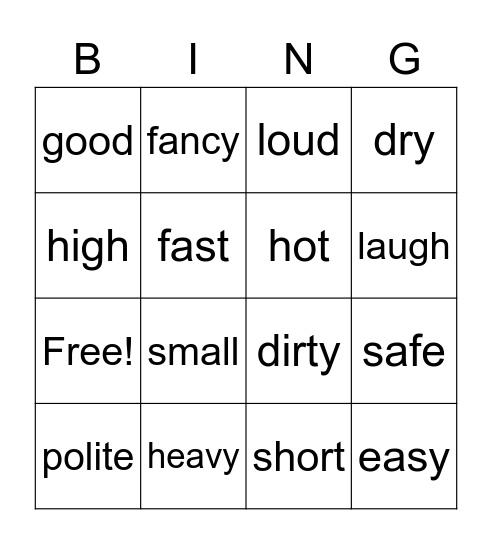 Antonyms Bingo Card
