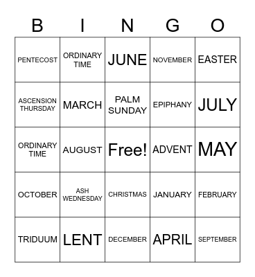 CATHOLIC LITUGICAL CALENDAR Bingo Card