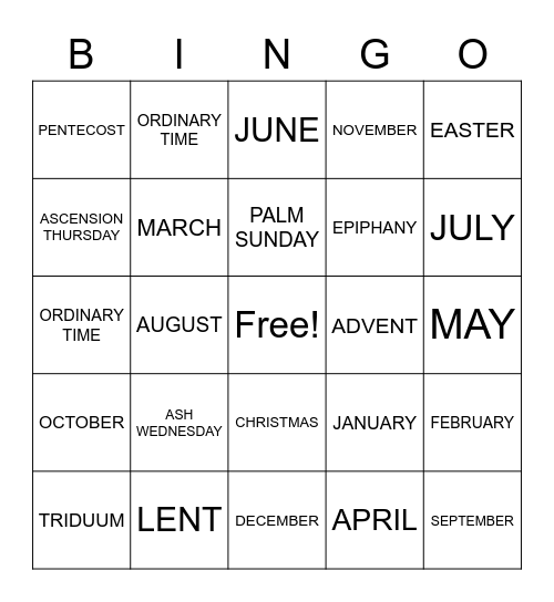 CATHOLIC LITUGICAL CALENDAR Bingo Card