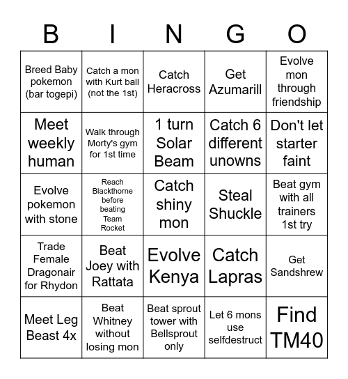 Pokemon Silver bingo Card