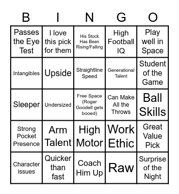 NFL Draft cliche Bingo Card