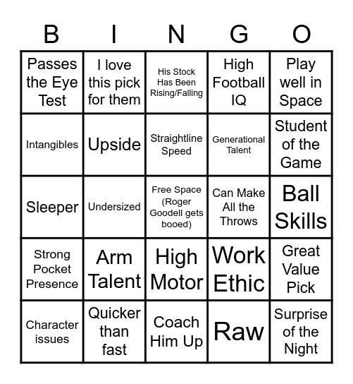 NFL Draft cliche Bingo Card