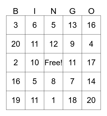 Bingo Number Bingo Card