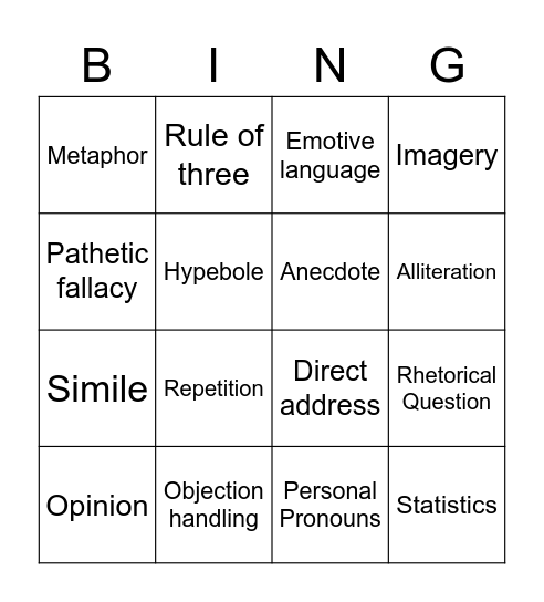 Persuasive Language Devices Bingo Card
