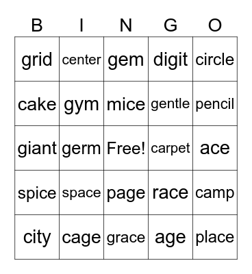 Hard and Soft 'g' and 'c' Bingo Card