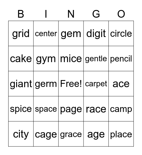 Hard and Soft 'g' and 'c' Bingo Card