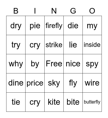 Long "i" Words Bingo Card