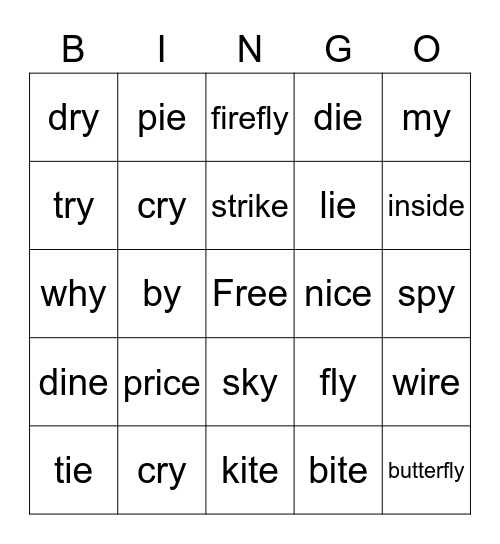Long "i" Words Bingo Card