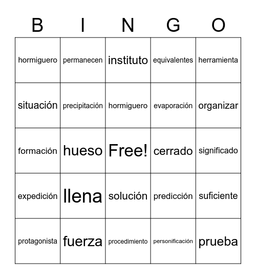 ISIP Vocabulario Bingo Card