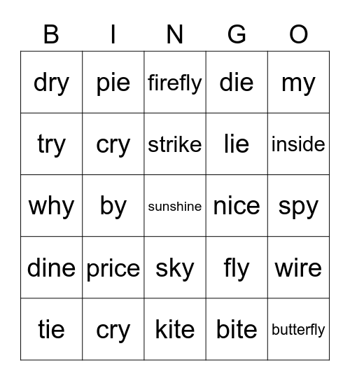 Long "i" Words Bingo Card