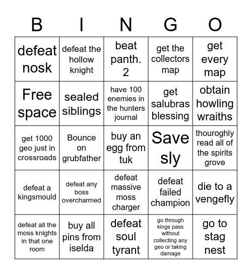 Hollow knight Bingo Card