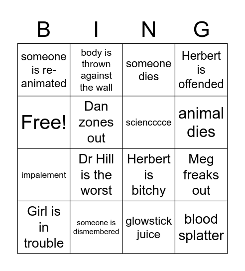 Re-animator bingo Card