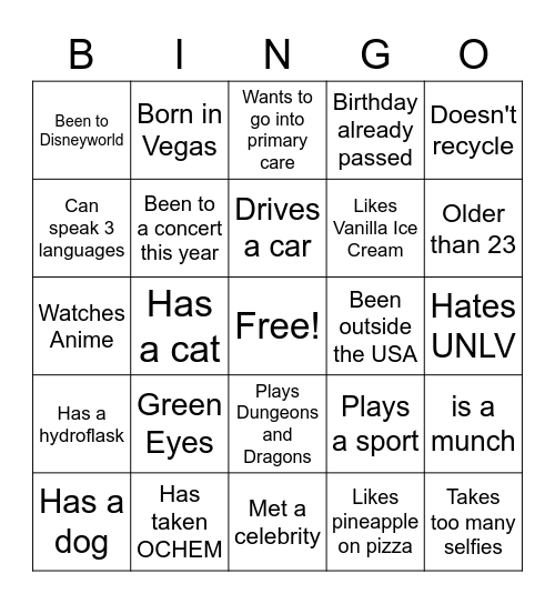 Characteristics Bingo Card