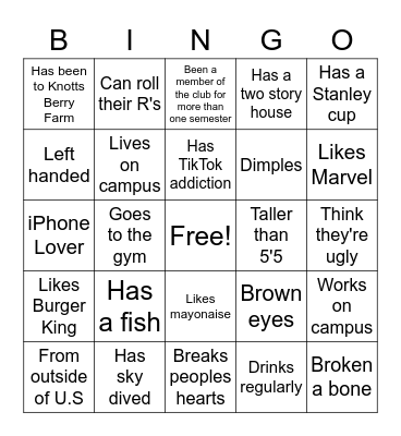 Characteristics Bingo Card