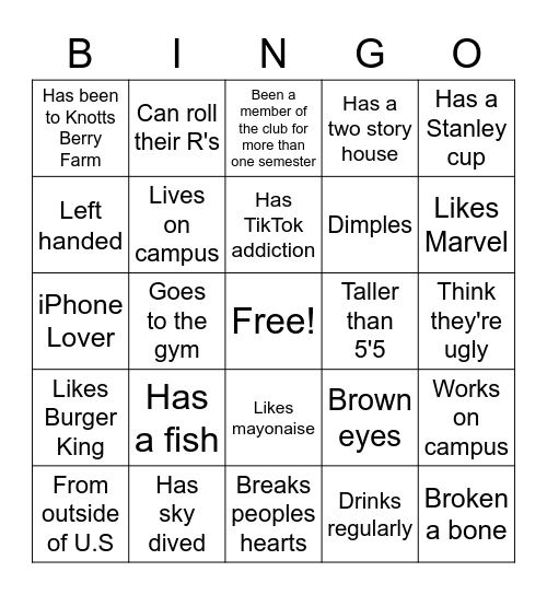 Characteristics Bingo Card