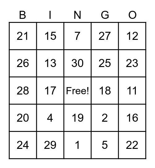 Number BINGO Card