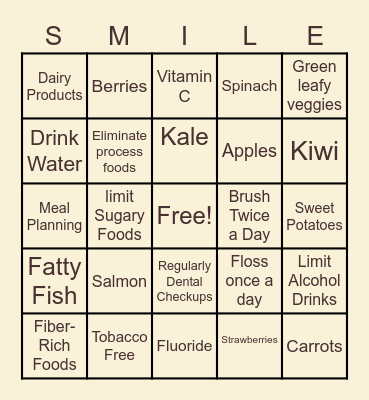 Foods/Habits For Better Oral Health Bingo Card