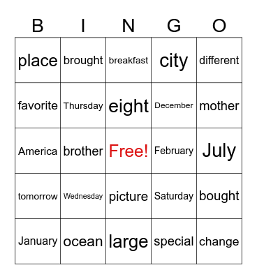 Trick Word Bingo Card