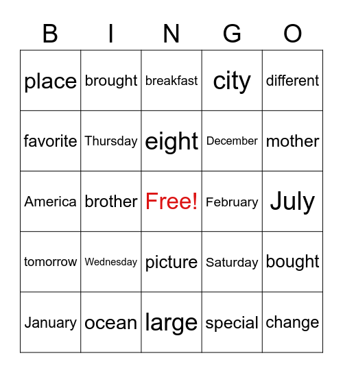 Trick Word Bingo Card