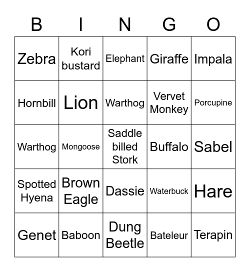 Kruger Park Bingo 2 Bingo Card