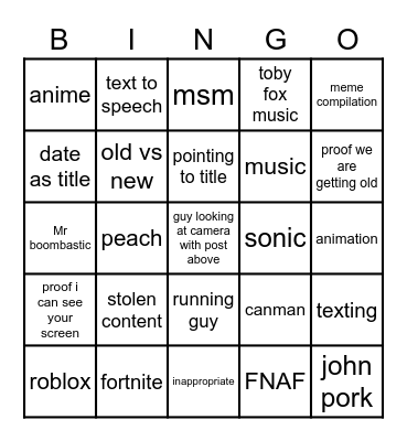 shorts Bingo Card