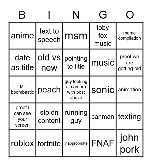 shorts Bingo Card