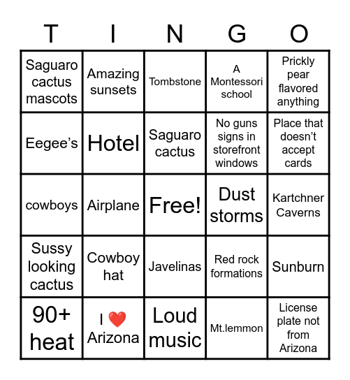 Tucson Bingo Card
