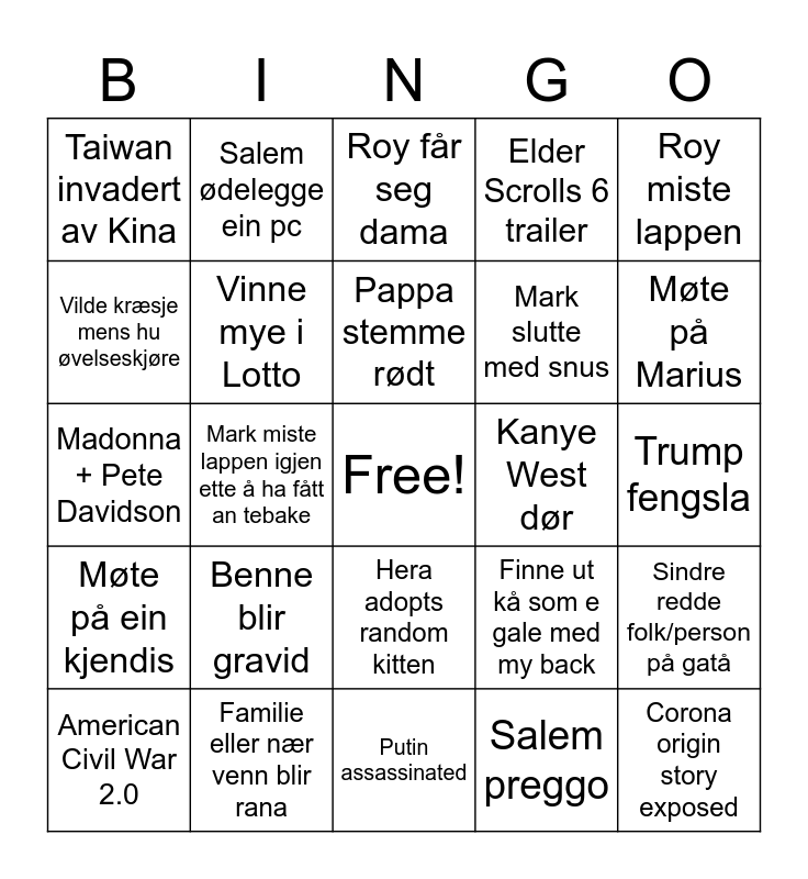 Random Events Bingo Card