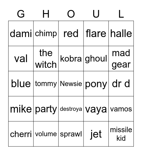 ghoul Bingo Card